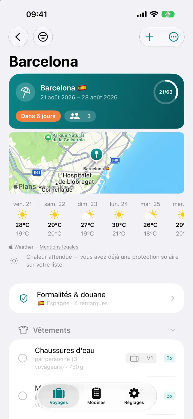 Le voyage lui-même : météo à destination, formalités et la liste de bagages en dessous.