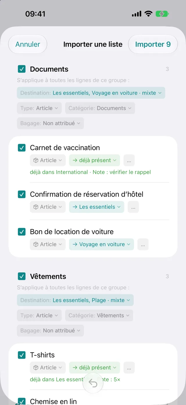 Import d’une liste venue d’une autre application, chaque ligne vérifiable avant reprise.