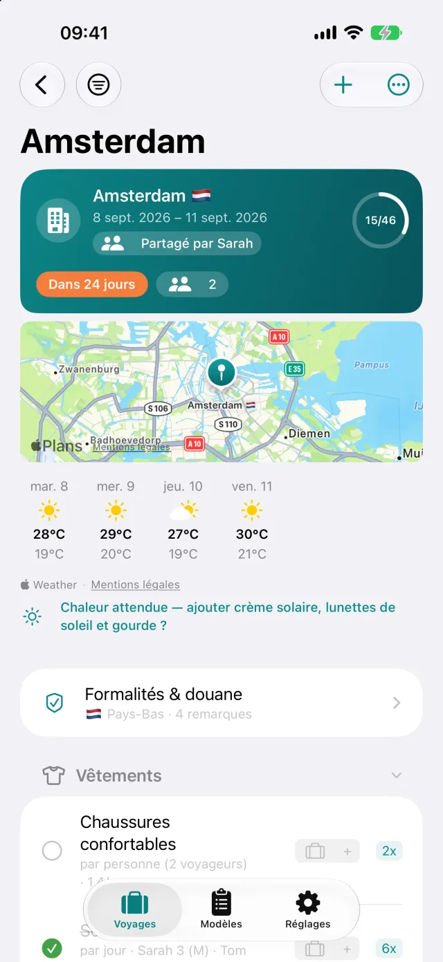 Un voyage partagé sur l’appareil de la personne invitée : « Partagé par Sarah », deux voyageurs, une progression commune.