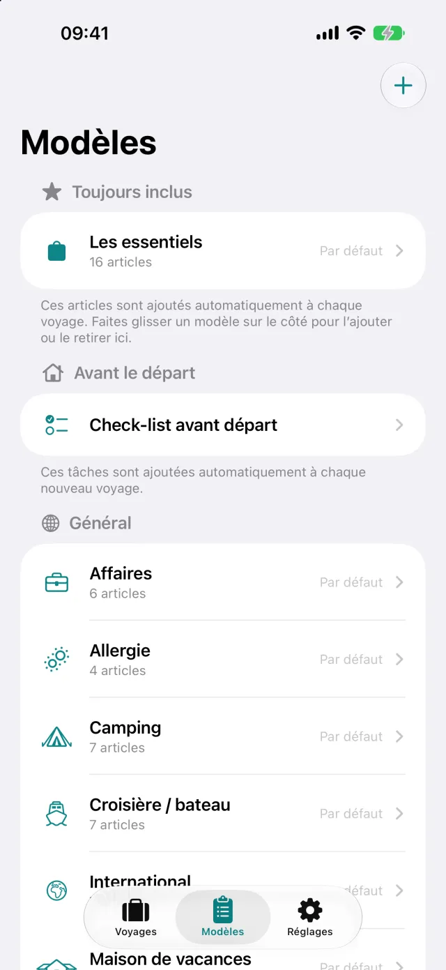 Les modèles : des ensembles d’articles nommés, camping ou déplacement professionnel, à partir desquels la liste se construit.