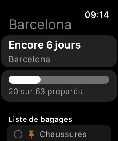 Le voyage sur l’Apple Watch : compte à rebours, avancement et la liste de bagages, que l’on coche aussi depuis là.