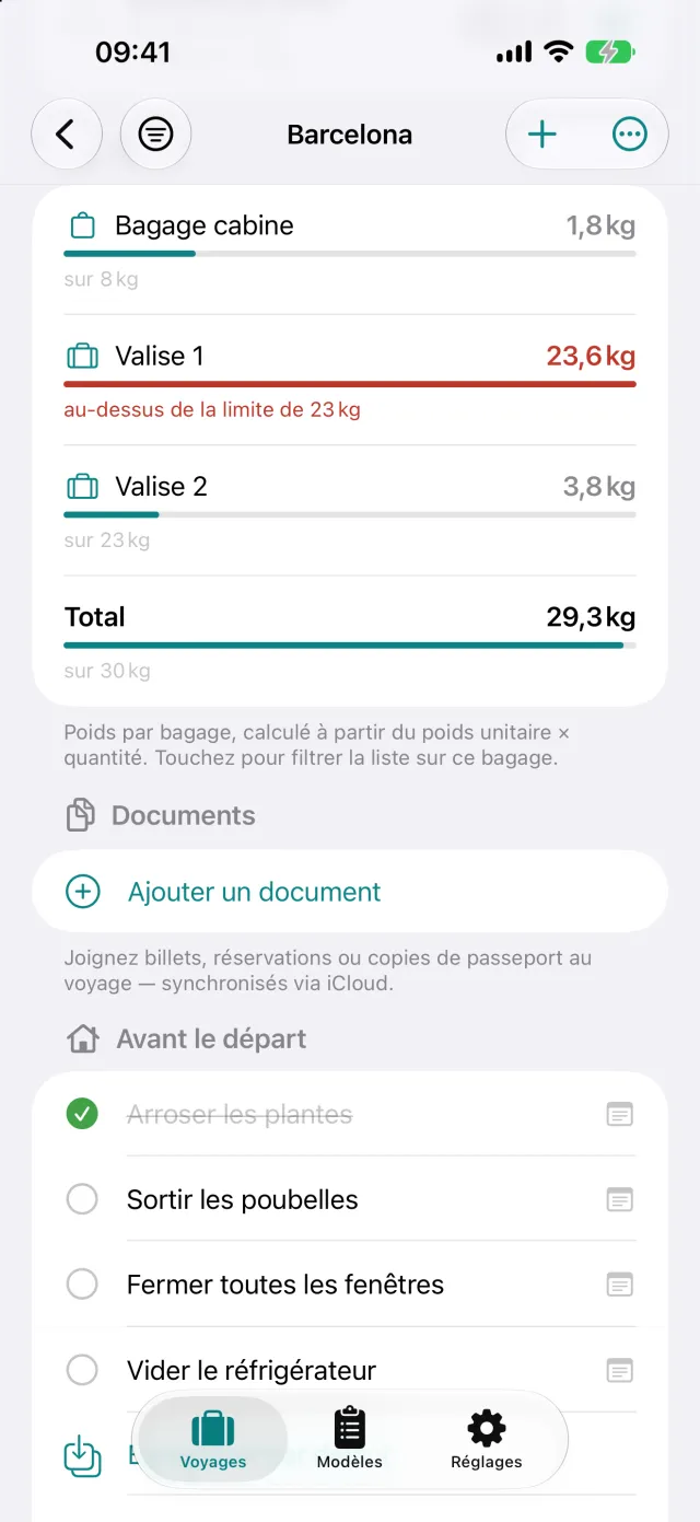 Poids par bagage face à la franchise, ici 23,6 kg pour une limite de 23 kg.