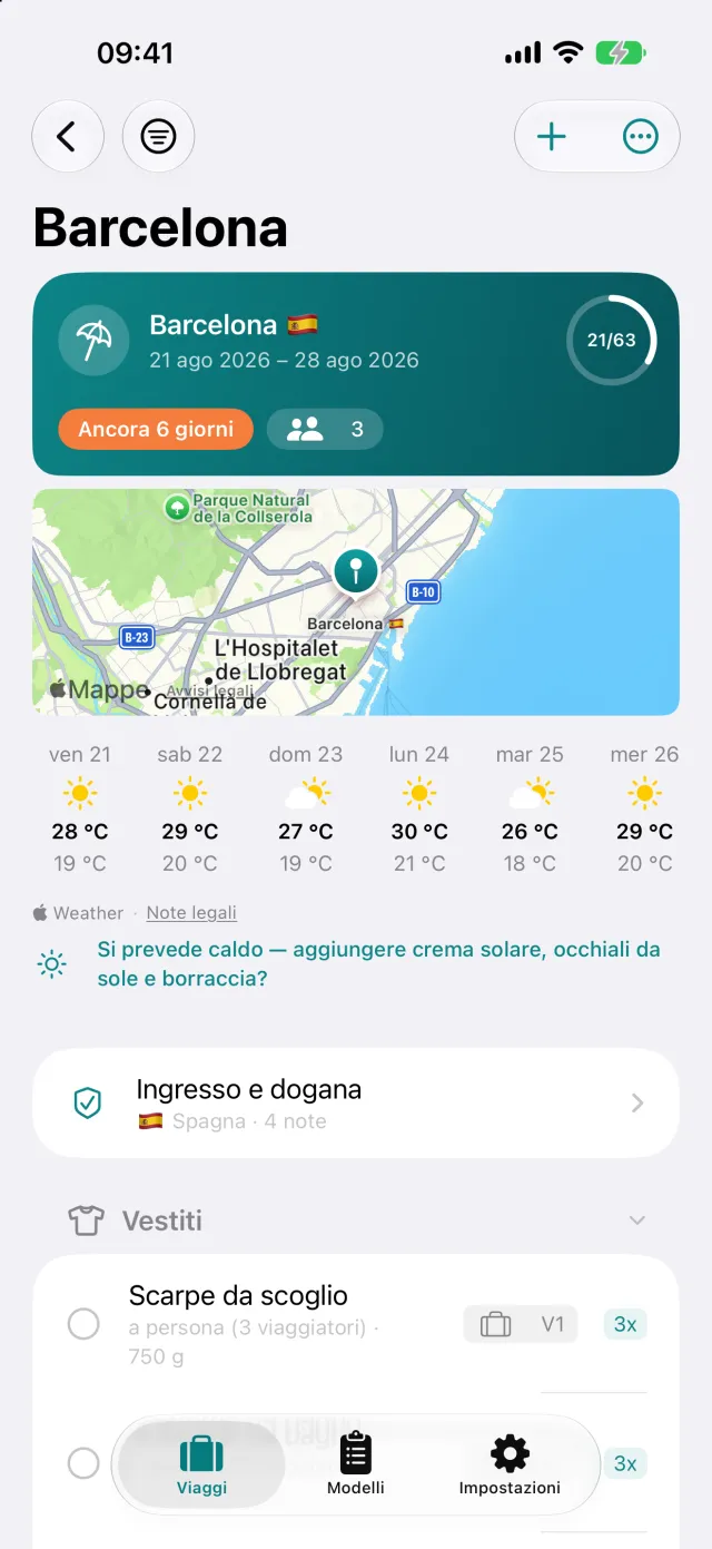 Il viaggio stesso: meteo a destinazione, indicazioni d’ingresso e sotto la lista bagagli.
