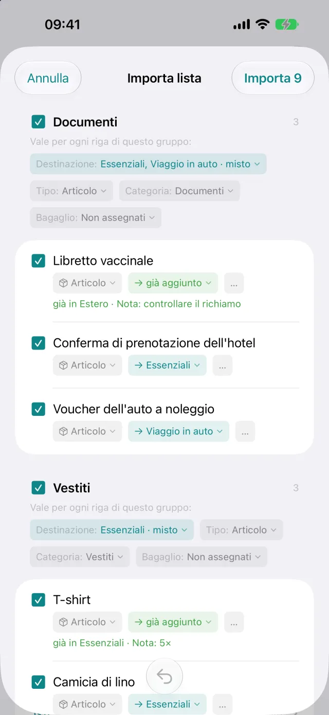 Importazione di una lista da un’altra app, con ogni riga verificabile prima di accettarla.