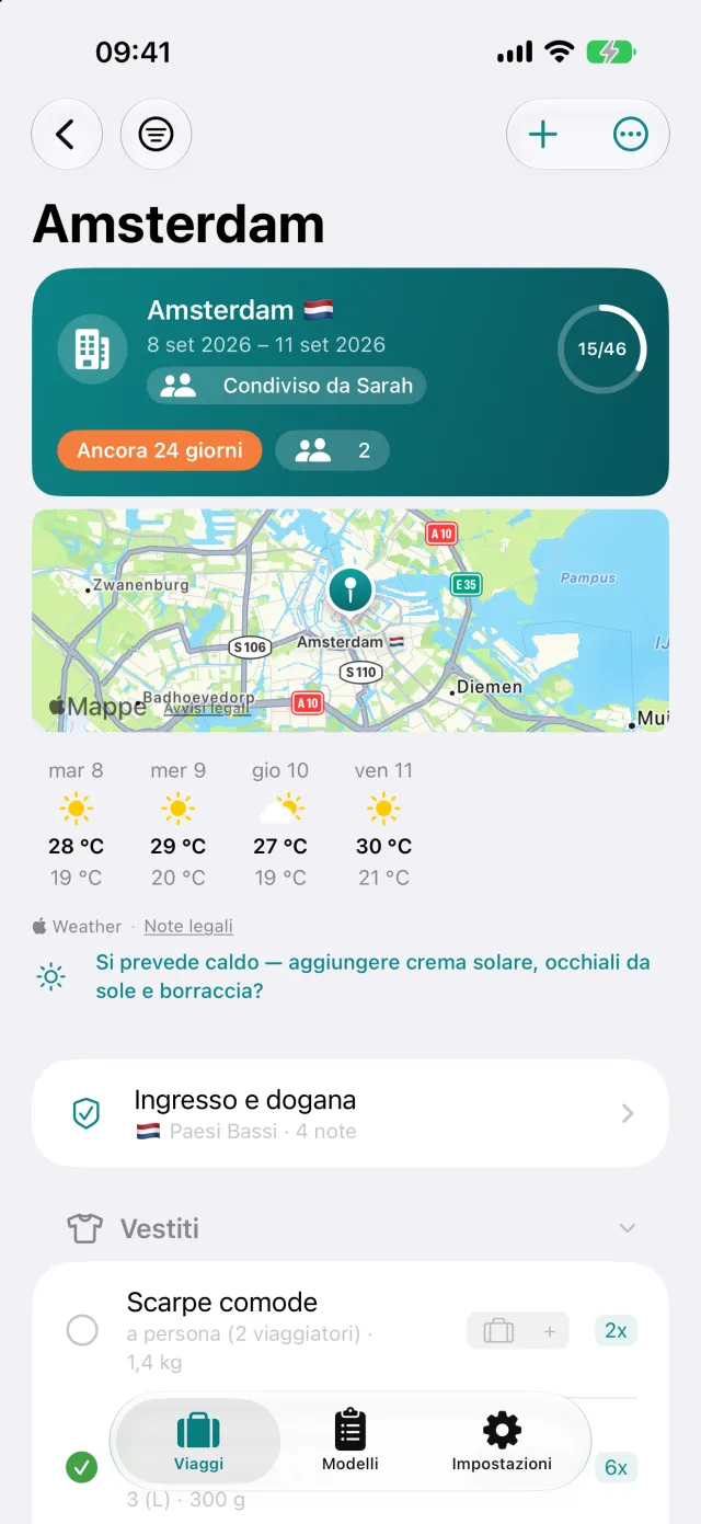 Un viaggio condiviso sul dispositivo di chi è stato invitato: «Condiviso da Sarah», due viaggiatori e un avanzamento comune.