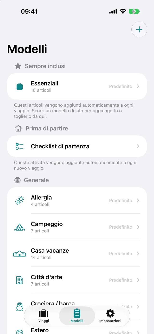 I modelli: insiemi di articoli con un nome, campeggio o lavoro, da cui si compone la lista bagagli.