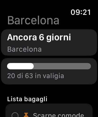 Il viaggio sull’Apple Watch: conto alla rovescia, avanzamento e la lista bagagli, spuntabile anche da lì.