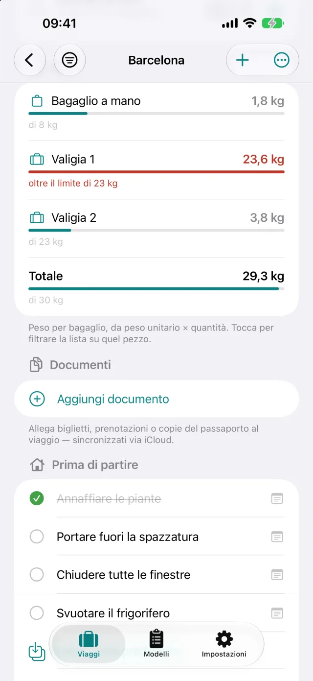 Peso per bagaglio rispetto alla franchigia, qui 23,6 kg con un limite di 23 kg.
