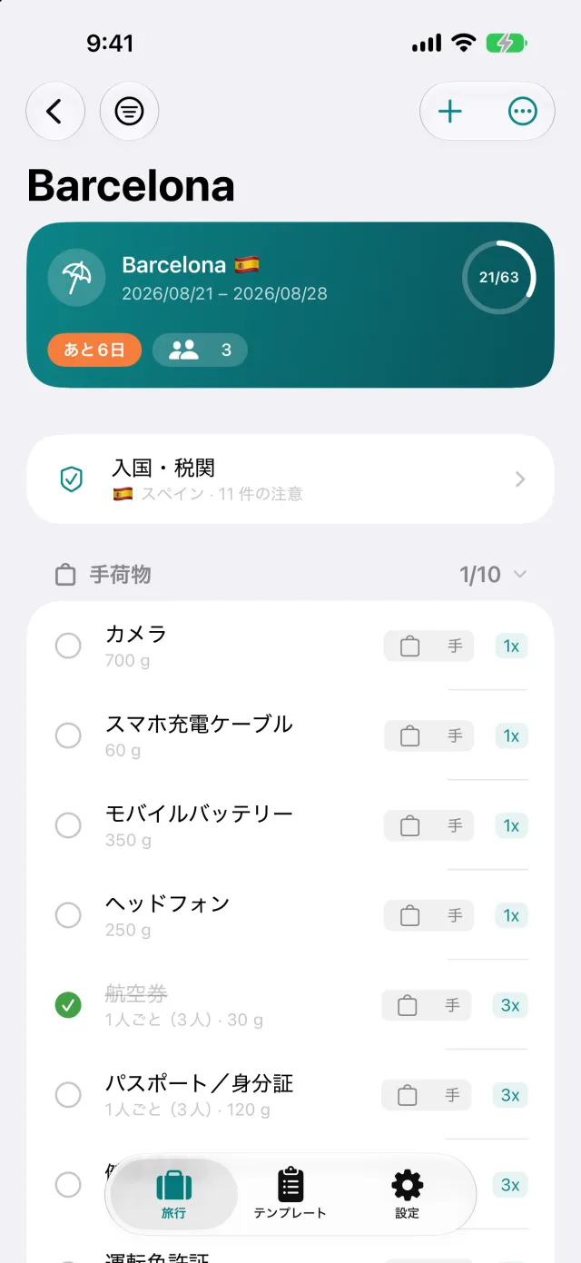 荷物ごとに並べた持ち物リスト。人数分の個数と品物の重量つき。