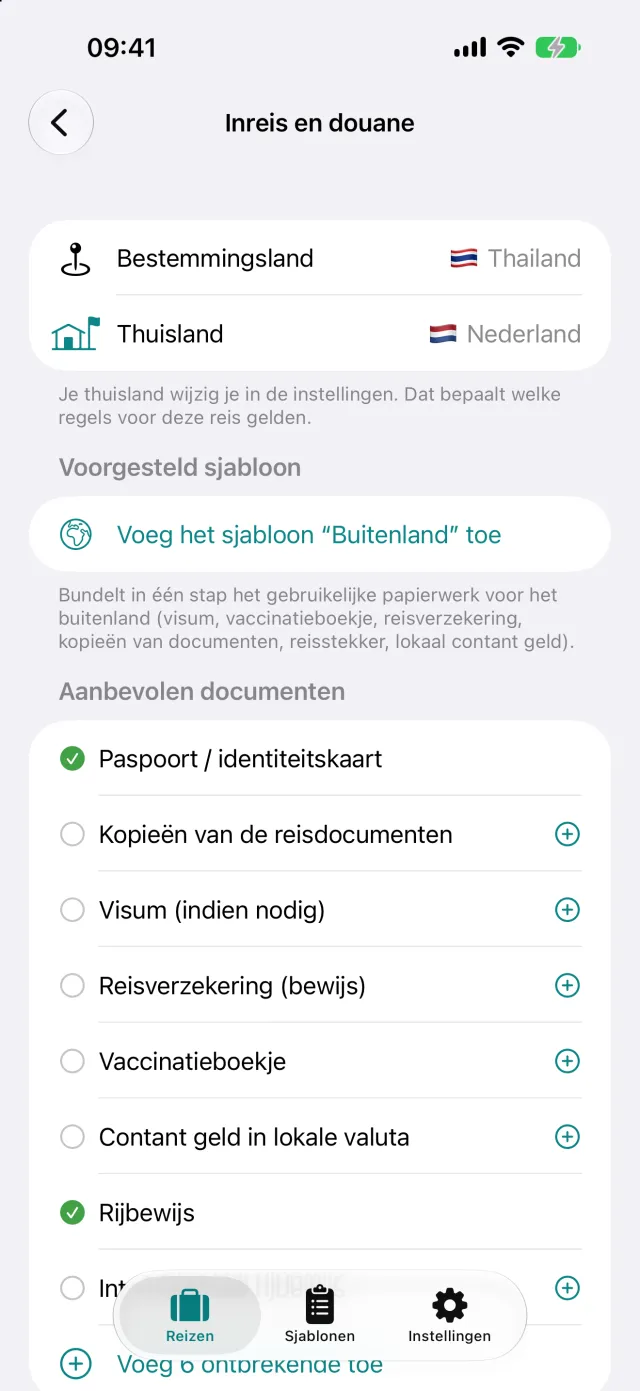 Inreis en douane voor Thailand vanuit Duitsland. De aanbevolen documenten gaan met één tik naar de paklijst.