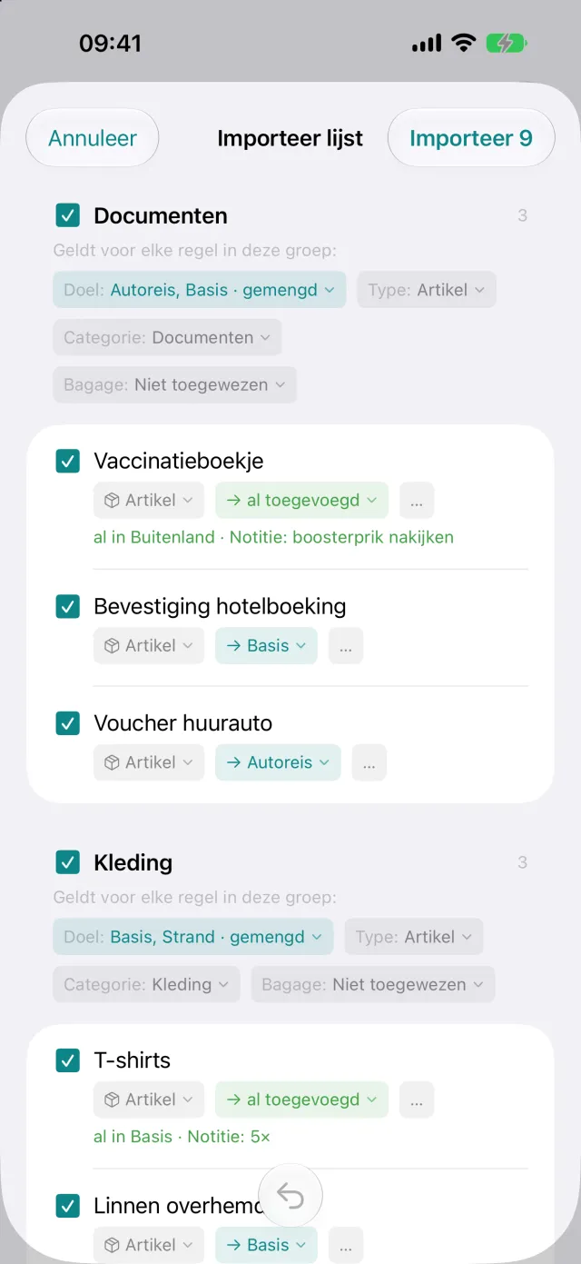 Import van een lijst uit een andere app, waarbij elke regel vooraf te controleren is.
