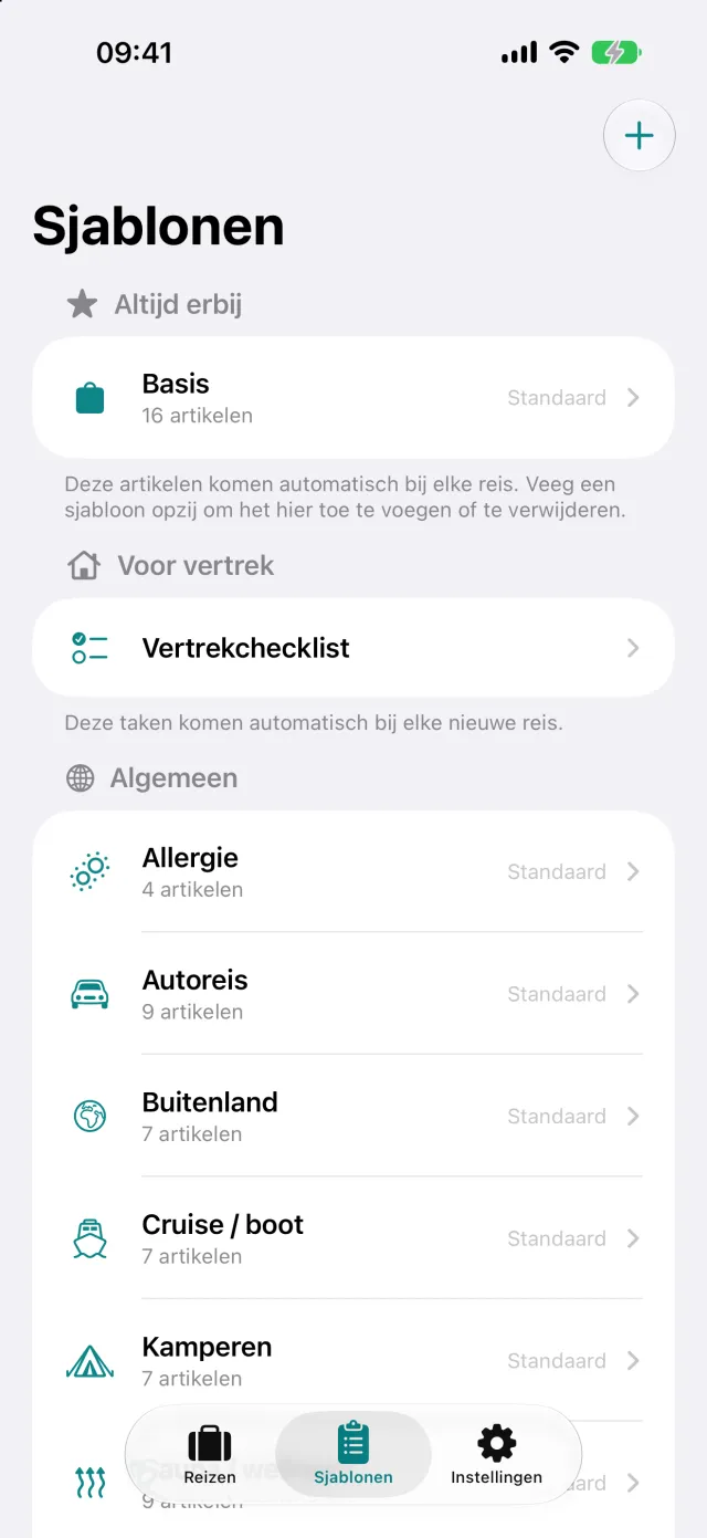 De sjablonen: benoemde sets artikelen zoals kamperen of zakenreis, waaruit de paklijst wordt opgebouwd.