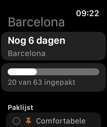 De reis op de Apple Watch: aftelling, pakvoortgang en de paklijst, die daar ook af te vinken is.
