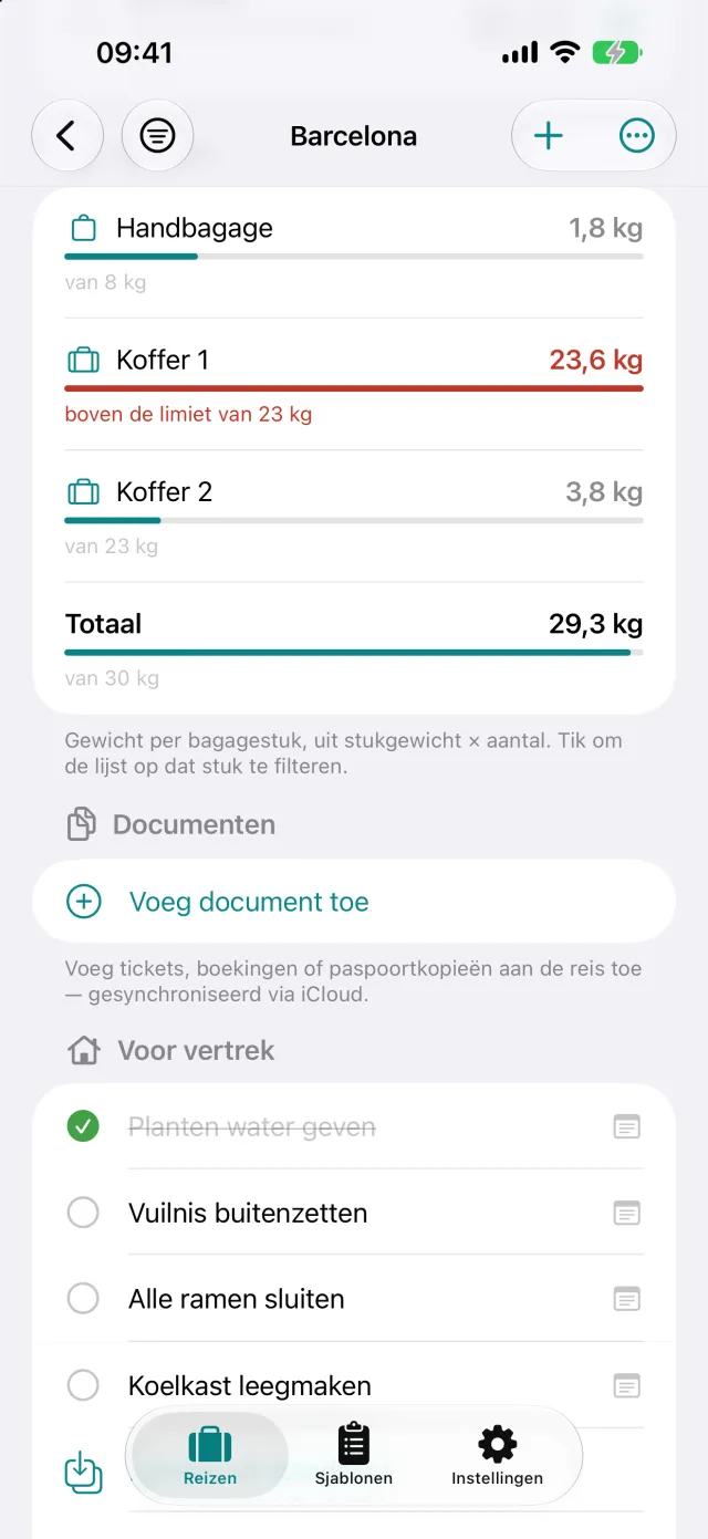 Gewicht per stuk bagage tegenover de limiet, hier 23,6 kg bij een grens van 23 kg.
