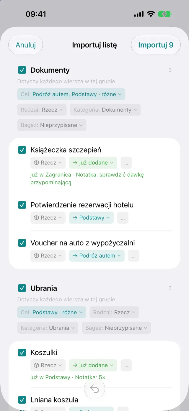 Import listy z innej aplikacji, każdy wiersz można sprawdzić przed przyjęciem.