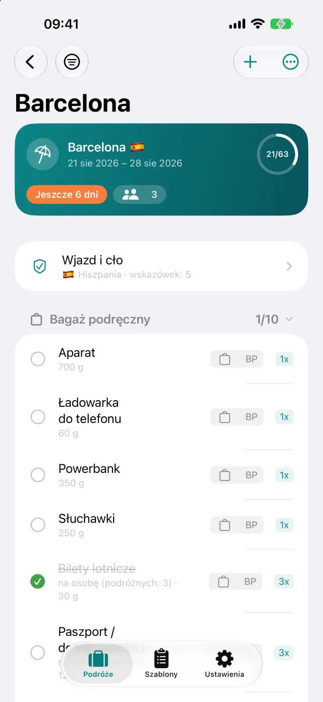Lista według sztuk bagażu, z liczbą na osobę i wagą przy rzeczy.