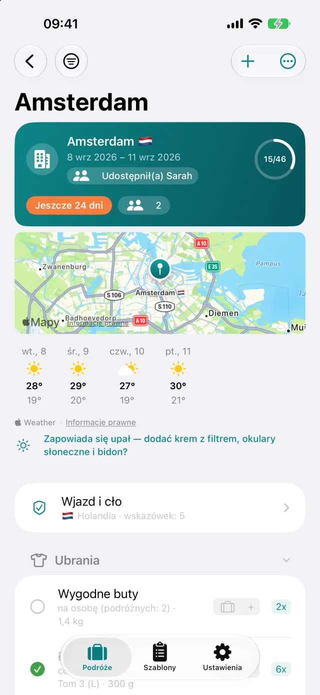Współdzielona podróż na urządzeniu osoby zaproszonej: «Udostępniła Sarah», dwoje podróżnych i wspólny postęp.