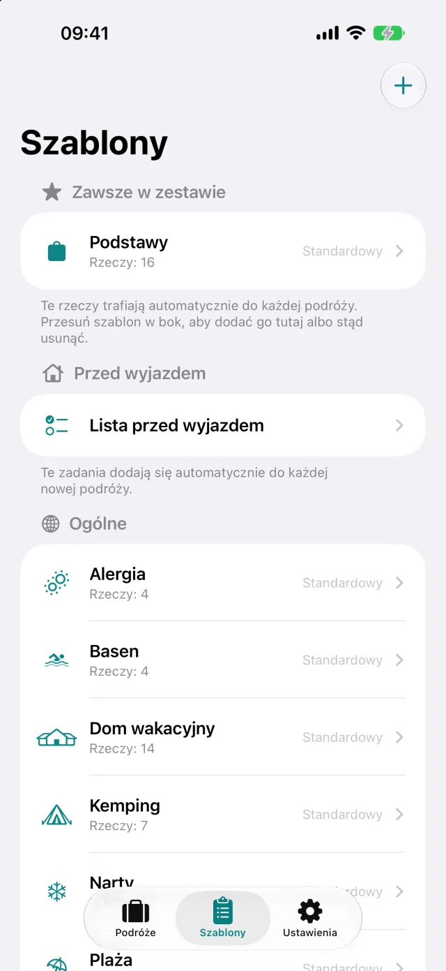 Szablony: nazwane zestawy rzeczy, na przykład kemping albo podróż służbowa, z których powstaje lista.