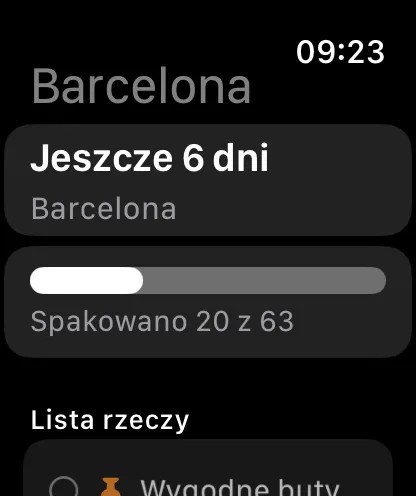 Podróż na Apple Watch: odliczanie, postęp pakowania i lista rzeczy, którą można odhaczać także tutaj.