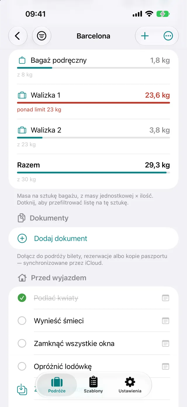 Waga każdej sztuki bagażu wobec limitu, tutaj 23,6 kg przy granicy 23 kg.