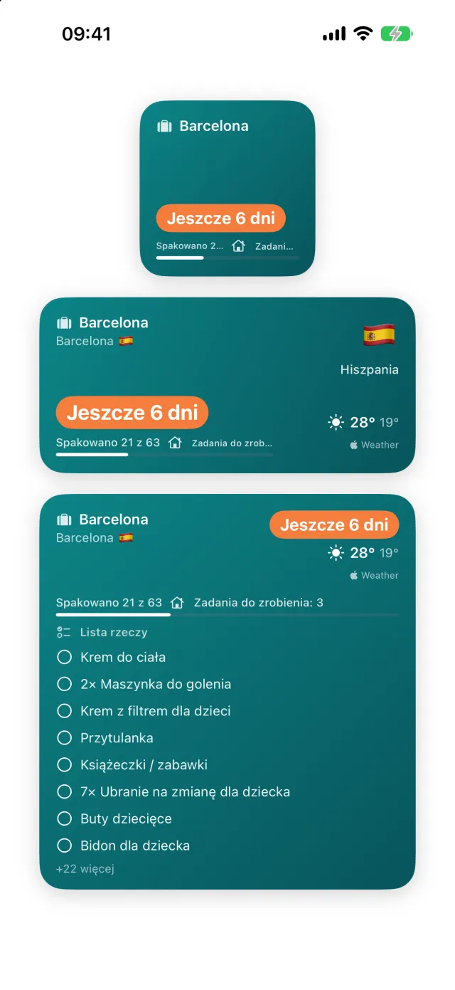 Widżety na ekranie początkowym: odliczanie na małym, miejsce i pogoda na średnim, a na dużym lista rzeczy do odhaczania.