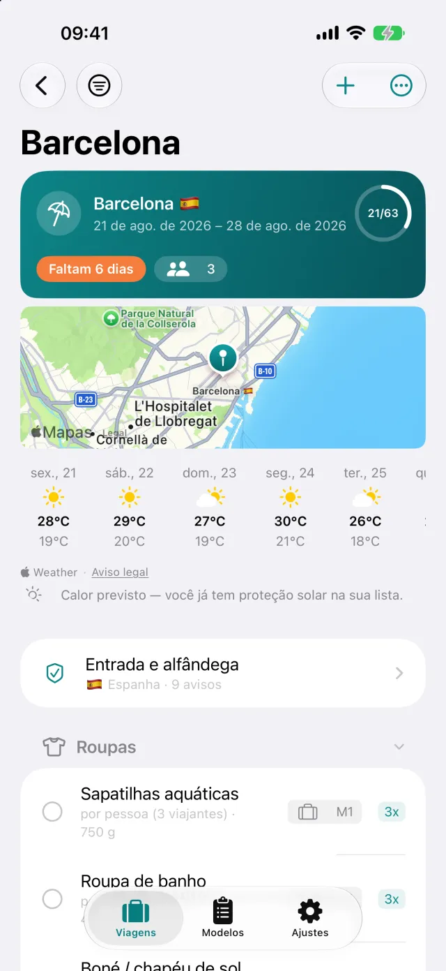 A viagem em si: tempo no destino, avisos de entrada e a lista logo abaixo.