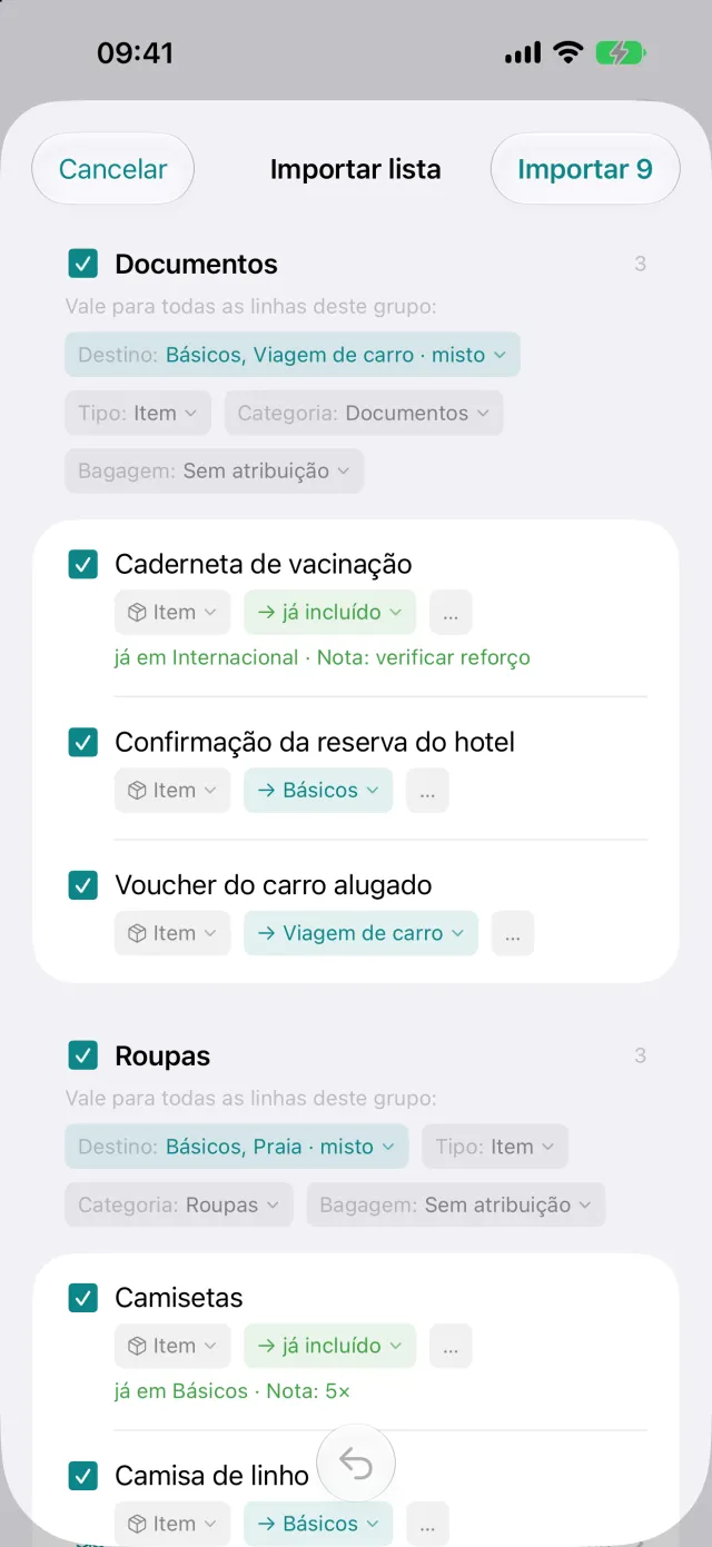 Importação de uma lista de outro app, com cada linha revisável antes de ser aceita.