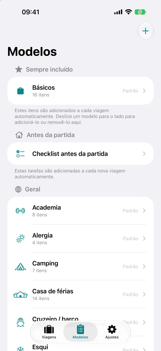 Os modelos: conjuntos de itens com nome, como camping ou trabalho, dos quais a lista é montada.