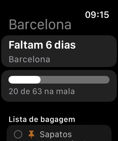 A viagem no Apple Watch: contagem regressiva, progresso da mala e a lista, que também se marca por ali.