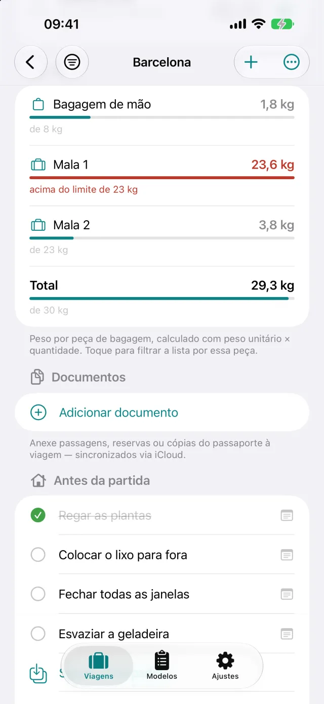 Peso por mala em relação à franquia, aqui 23,6 kg com limite de 23 kg.