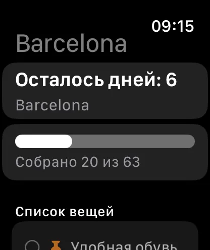 Поездка на Apple Watch: обратный отсчёт, прогресс сборов и список вещей, отмечать можно и здесь.