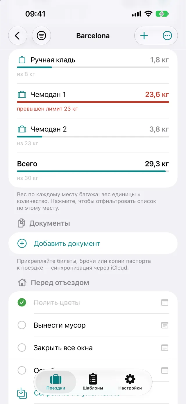Вес каждого места багажа относительно нормы, здесь 23,6 кг при пределе 23 кг.