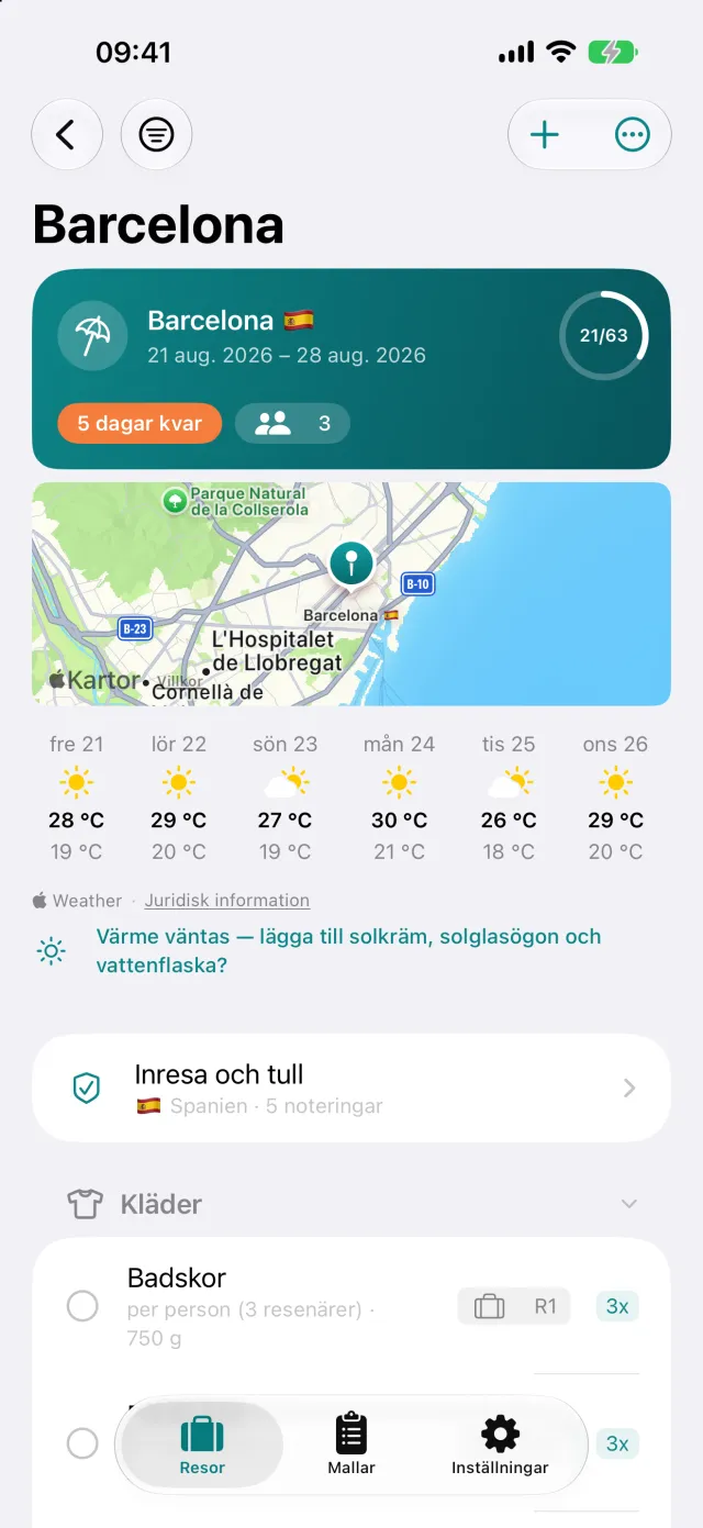 Själva resan: väder på resmålet, inreseinformation och packlistan under.