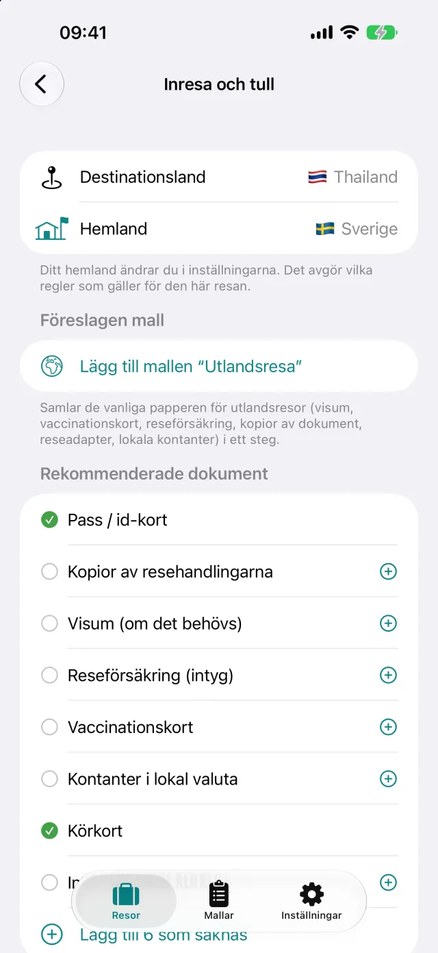 Inresa och tull för Thailand från Tyskland. De rekommenderade dokumenten hamnar på packlistan med en tryckning.