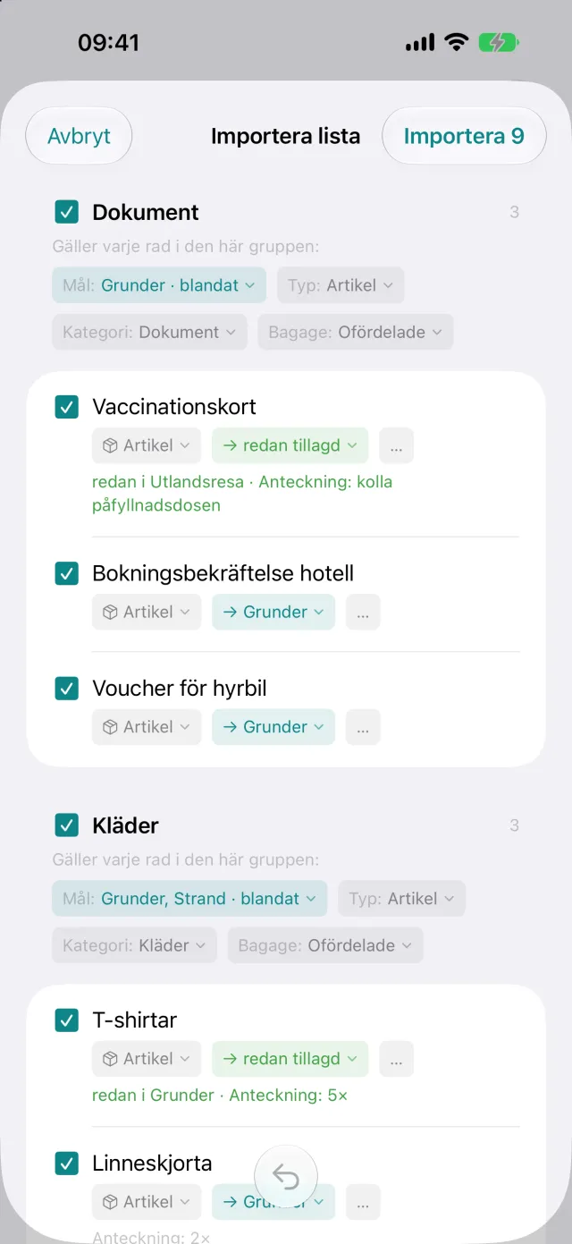 Import av en lista från en annan app, varje rad går att granska innan den tas in.
