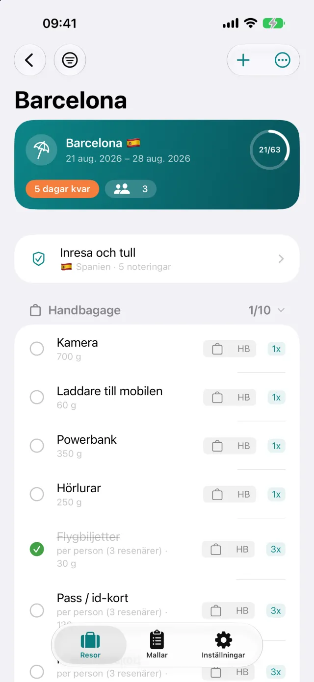 Packlistan per väska, med antal per person och vikt på saken.