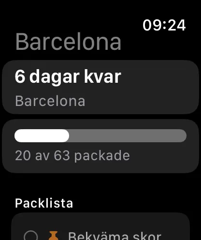 Resan på Apple Watch: nedräkning, packningsstatus och packlistan, som går att bocka av även där.