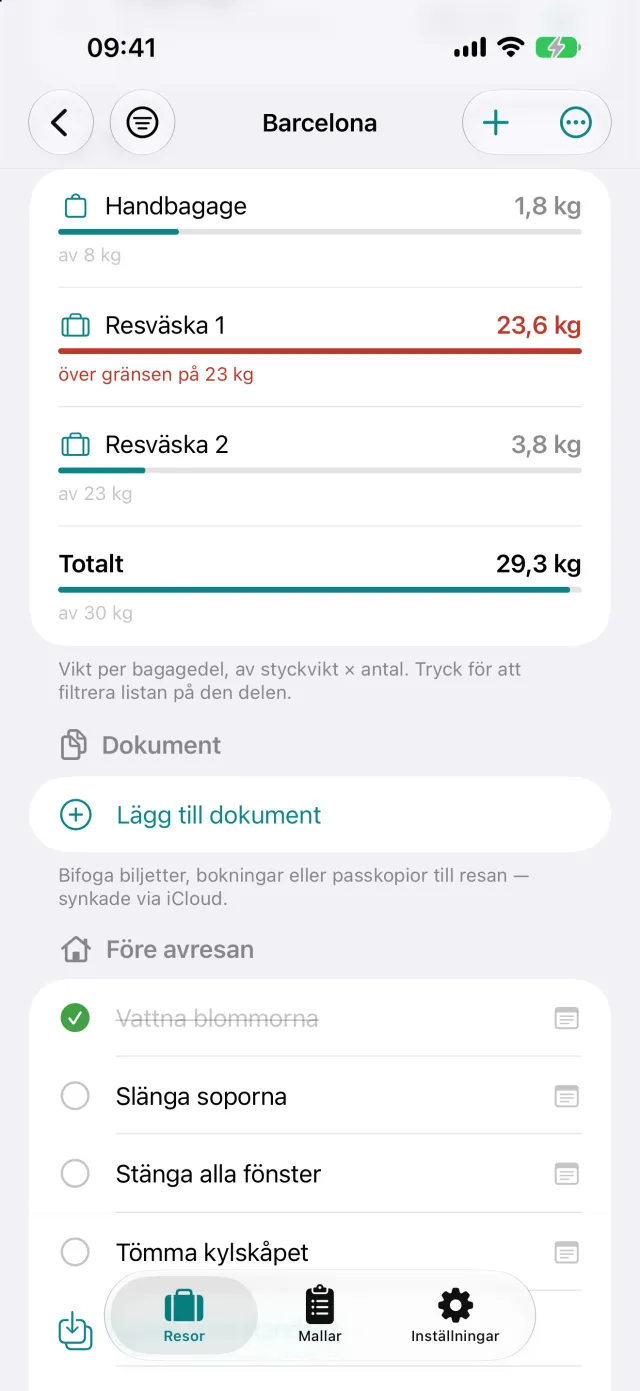 Vikt per väska mot gränsen, här 23,6 kg vid en gräns på 23 kg.