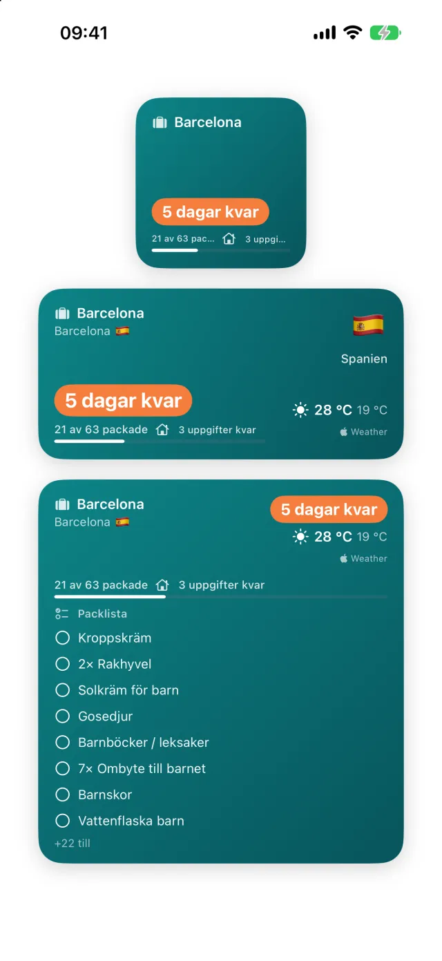 Widgetar på hemskärmen: nedräkningen på den lilla, plats och väder på den mellanstora, och packlistan att bocka av på den stora.