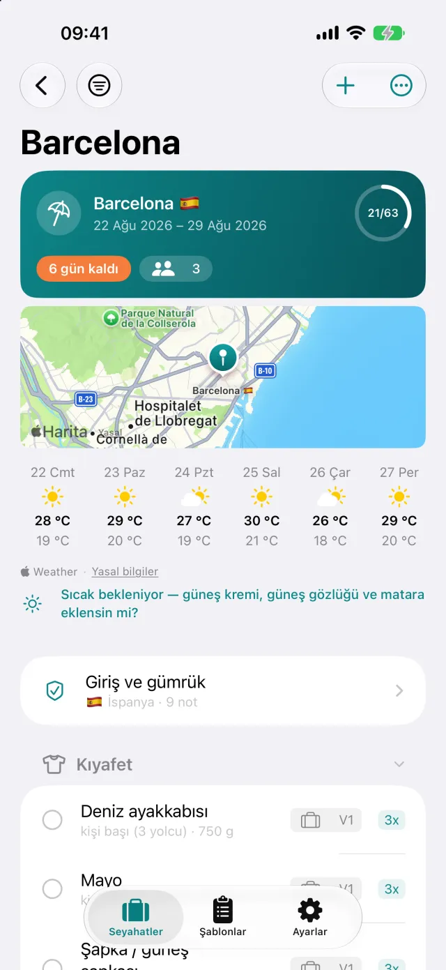 Yolculuğun kendisi: varış yerinde hava durumu, giriş bilgileri ve altında valiz listesi.