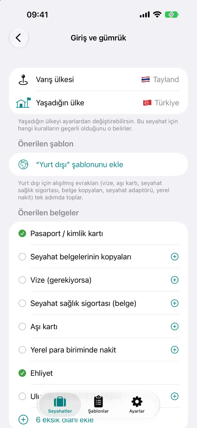 Almanya’dan Tayland’a giriş ve gümrük. Önerilen belgeler tek dokunuşla listeye geçiyor.