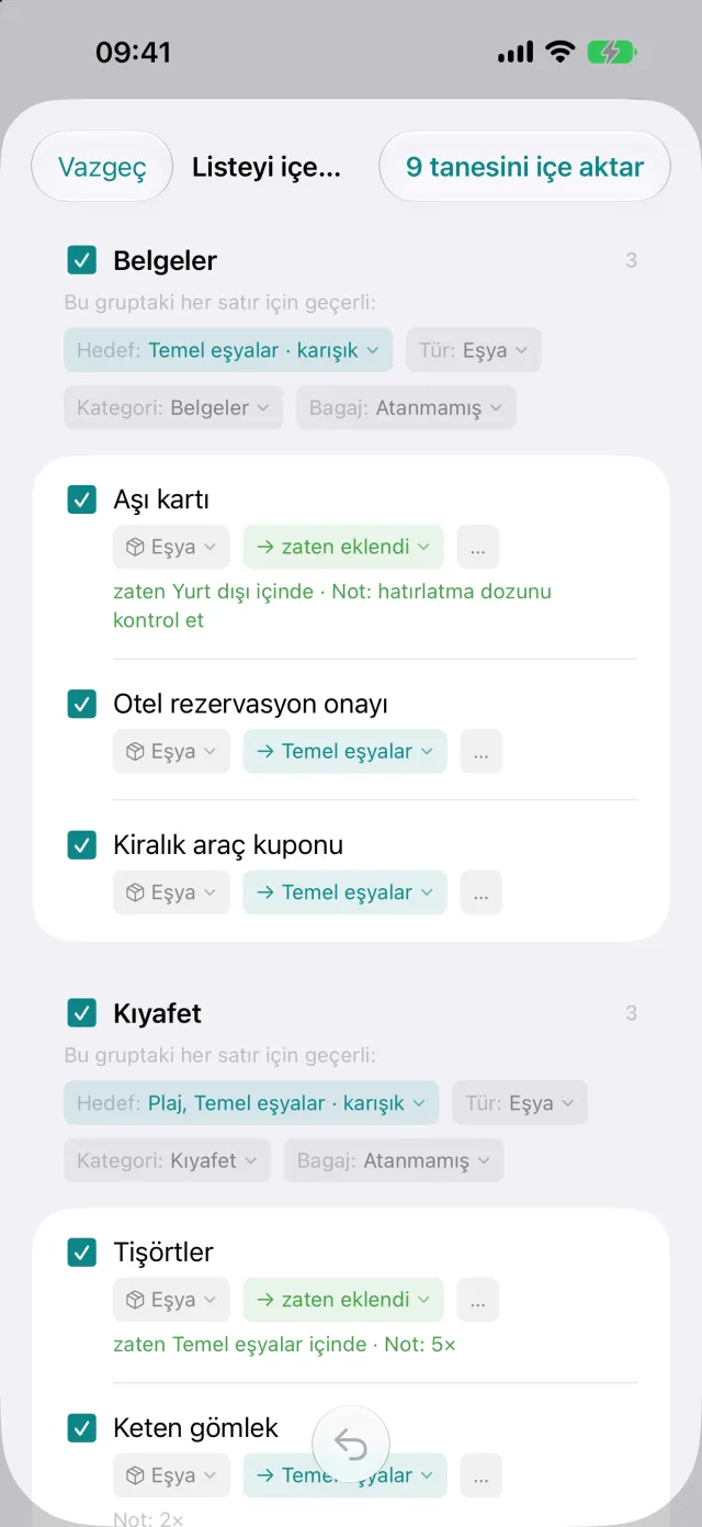 Başka bir uygulamadan liste içe aktarımı, her satır alınmadan önce gözden geçirilebiliyor.