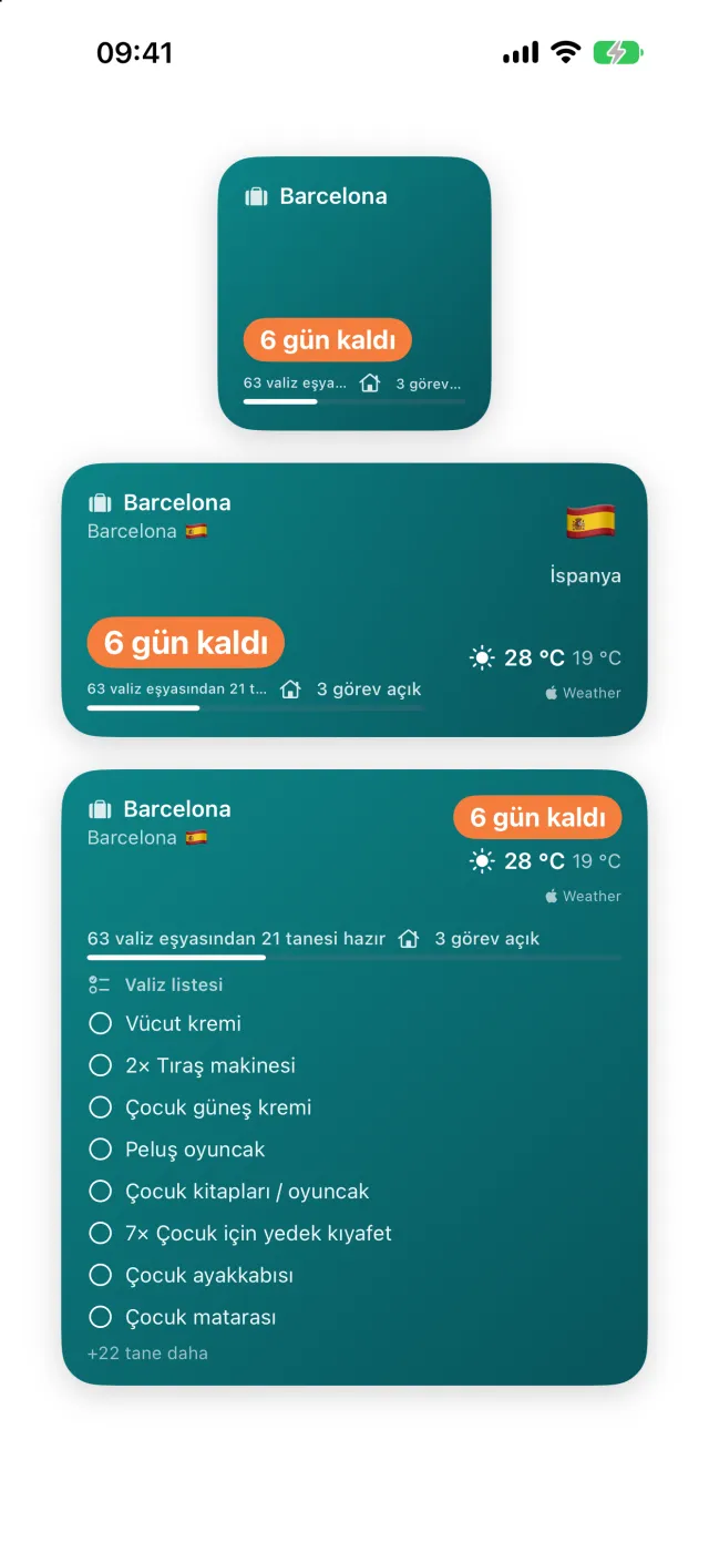 Ana ekrandaki araç takımları: küçükte geri sayım, ortada yer ve hava durumu, büyükte işaretlenebilen valiz listesi.