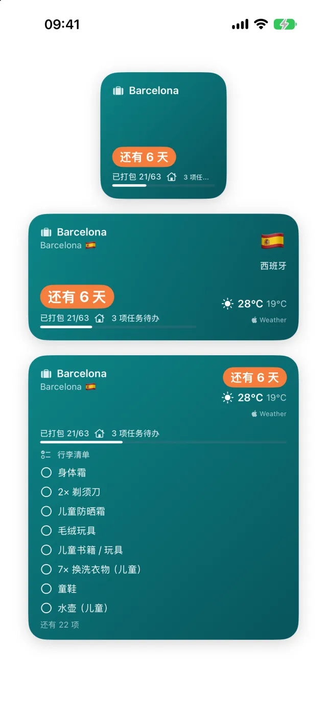 主屏幕上的小组件：小尺寸显示倒计时，中尺寸显示地点和天气，大尺寸可以直接勾选行李清单。